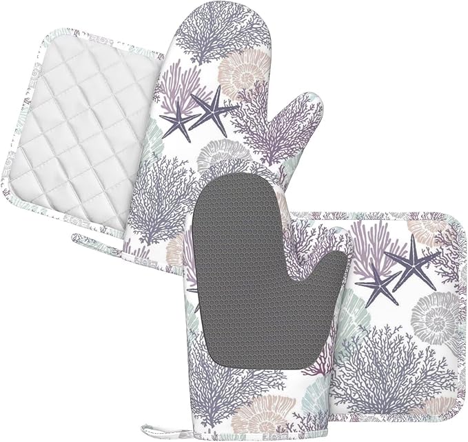 Nautical Coastal Oven Mitts and Pot Holders Set, 4pcs Silicone Starfish Seashell Coral Beach Themed Oven Glove for Kitchen Heat Resistant Oven Mitts and Non-Slip Potholders Purple