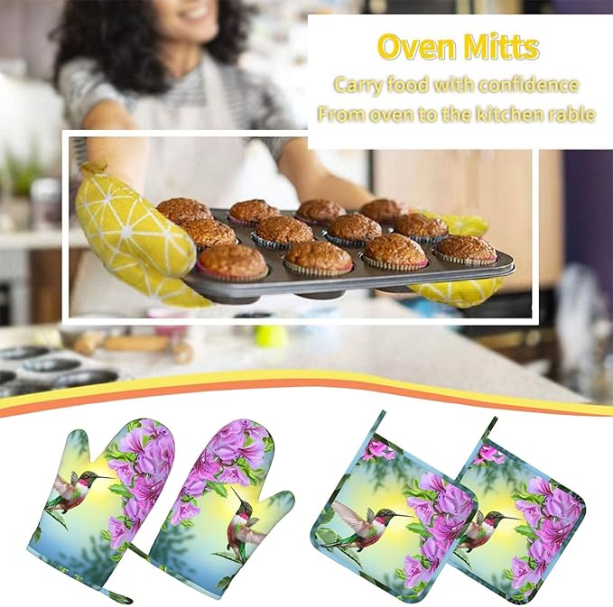 Bird Hummingbird Flower Oven Mitts And Pot Holders Set Of 4 Silicone Heat Resistant Oven Mitten Potholders Non Slip Gloves Kitchen Decor For Bbq Cooking Grilling Baking