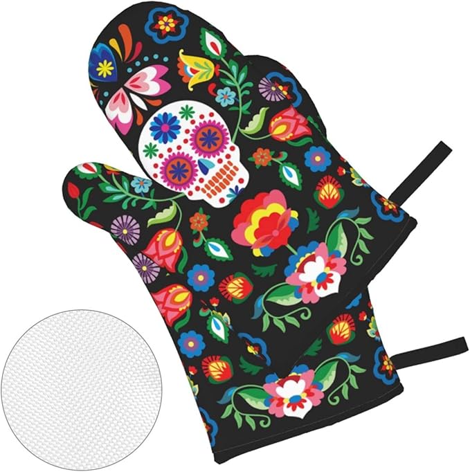 Mexican Skull Skeleton Floral Oven Mitts and Pot Holders Set of 4, Oven Mittens and Potholders Heat Resistant Gloves for Kitchen Cooking Baking Grilling BBQ
