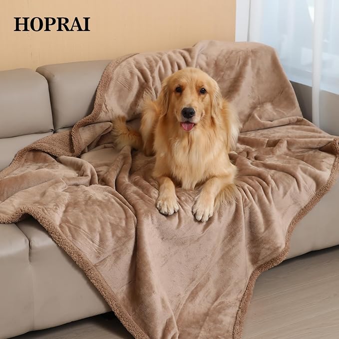 HOPRAI Dog Blanket, Waterproof Reversible Sherpa Fleece Throw Blanket, Furniture Cover for Bed, Couch, Sofa Protection from Liquid Pee and Pet Fur of Puppy, Cat (Light Coffee S28*39inches)