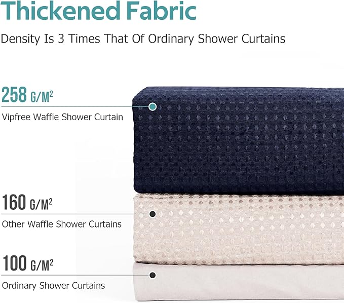 Vipfree 3 in 1 Shower Curtain Set, Waffle Shower Curtain and Liner Set with 12 Double Sided Shower Curtain Hooks, 258GSM Luxury Weighted Cloth Shower Curtains for Bathroom, 72 W x 84 H, Navy Blue