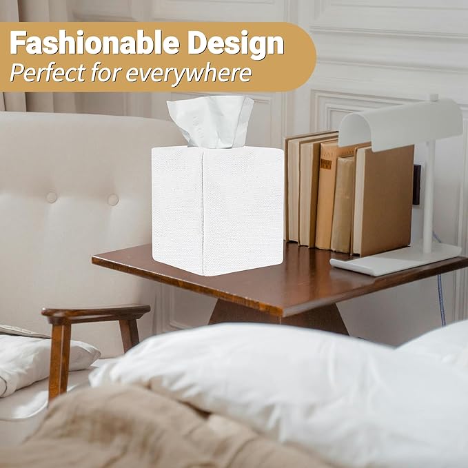 Tissue Box Cover, Cute Bleach White Linen Fabric Decorative Square Tissue Box Holder/Organizer for Bathroom Vanity Countertop/Office/Nightstand/Desk