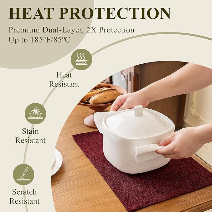 KXN Placemats Set of 8, Dual-Layer Thickened Faux Linen Table Mats, Heat Resistant & Wrinkle-Free, Machine Washable Cloth Place Mats for Kitchen Dining Indoor Outdoor (Red)