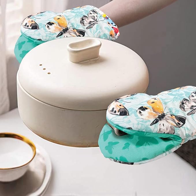 Mini Oven Mitts,2pk - Silicone Little Kitchen Gloves, Heat Resistant with Non-Slip Grip and Soft Quilted Cotton Lining for Safe Backing Cooking Barbecue (Turquoise, Butterfly)