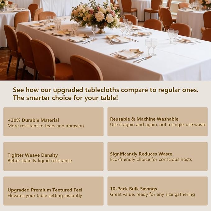 White Tablecloths Rectangular 10-Pack, 60x102 Inch Table Cloth for Rectangle Tables - Polyester Fabric Tablecloth, Reusable & Washable Table Cover