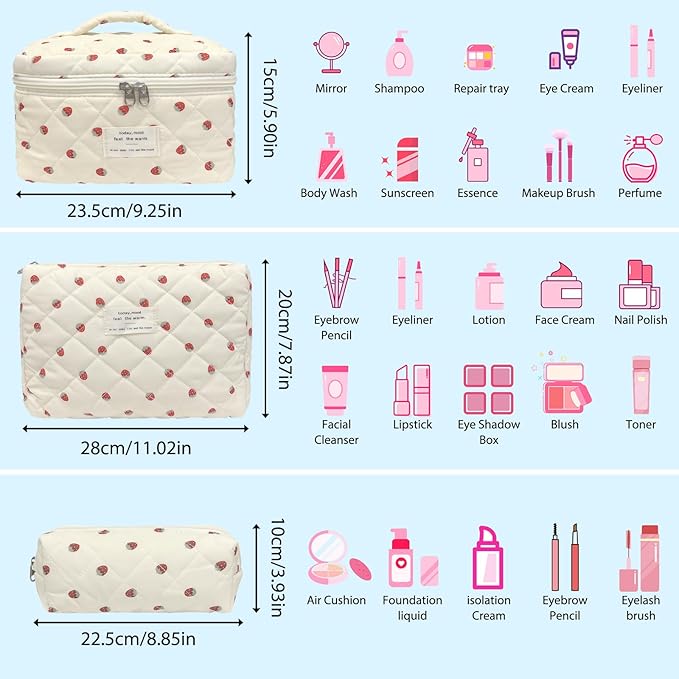 Quilted Makeup Bag, Large Capacity Travel Cosmetic Bag for Women and Girls, Aesthetic Storage for Daily and Travel Use (3pcs-strawberry, Pink Bow)