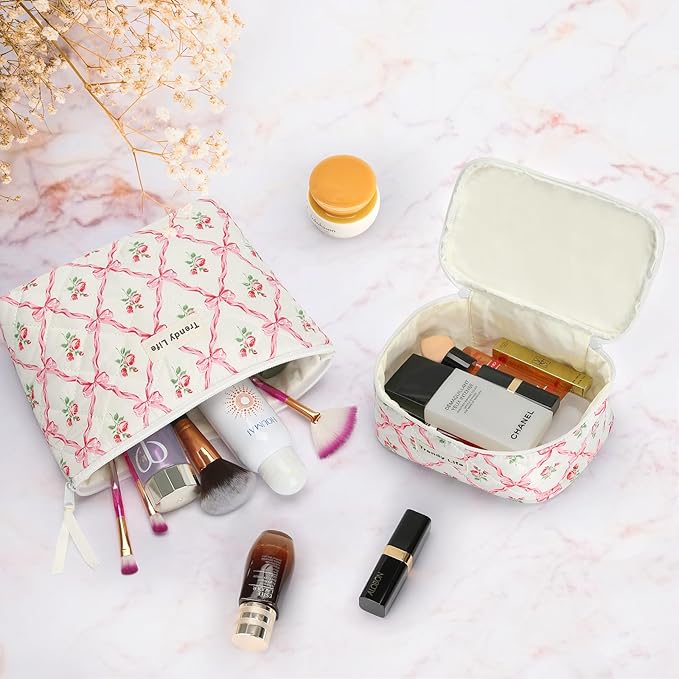 HAOGUAGUA 2 Pieces Makeup Bag, Small Large Quilted Cosmetic Bag, Travel Floral Make Up Toiletry Organizer Bag for Women Girls (2PCS STYLE B-1)