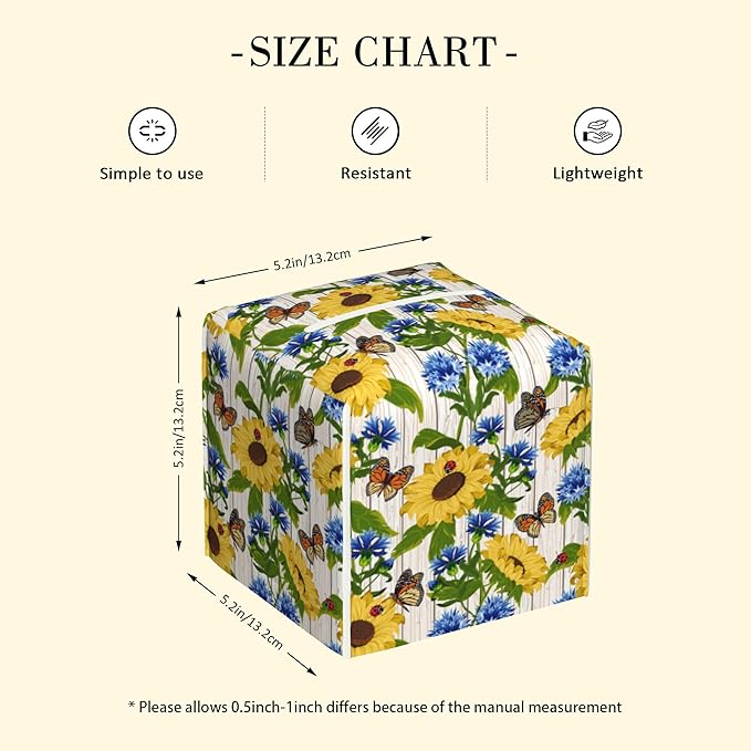 POIUBLE Cornflowers and Sunflowers Tissue Box Cover Butterfly and Ladybug Leather Tissue Box Holder Square Facial Paper Organizer Dispenser for Bathroom Kitchen Bedroom Vanity Countertop Night Stands