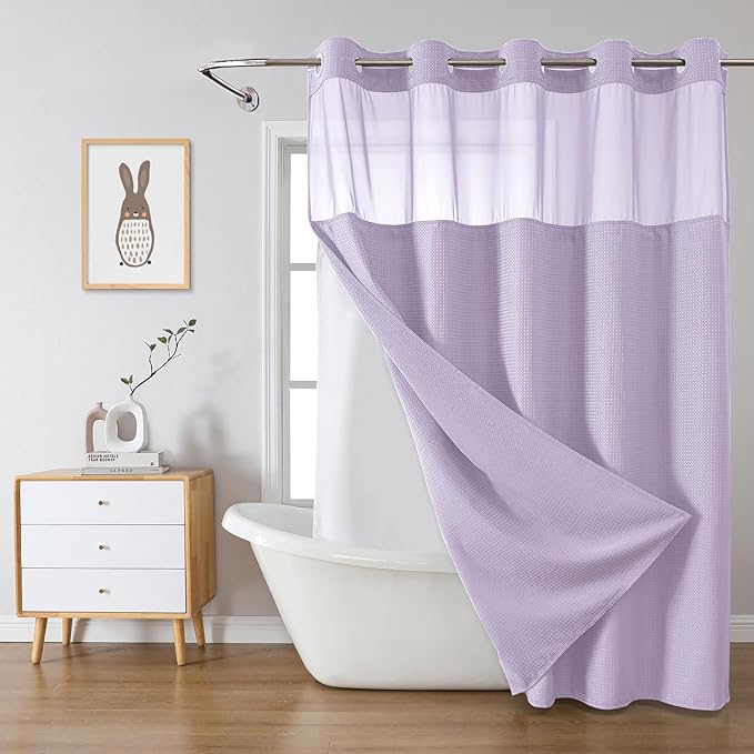 eachope Lavender Extra Long No Hook Waffle Weave Shower Curtain with snap-in Liner Replacement, 230GSM Waterproof Fabric Hotel Shower Curtain Set for Bathroom, Through Mesh Top Window,71Wx86H