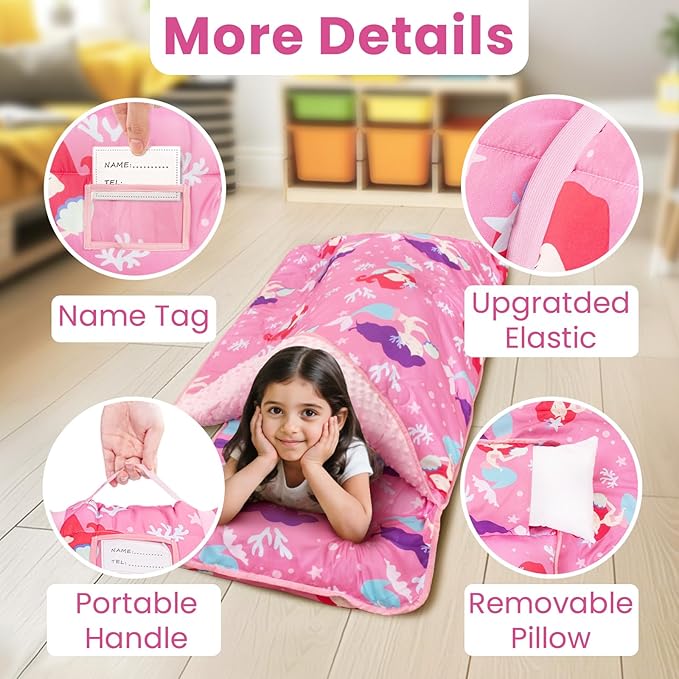 Beavtaens Toddler Nap Mat with Pillow and Minky Blanket, Large 55"x35" Sleeping Bag, Washable, Lightweight, Easy to Roll, Perfect for Preschool, Daycare, Kindergarten, Travel, Boys and Girls(Mermaid)