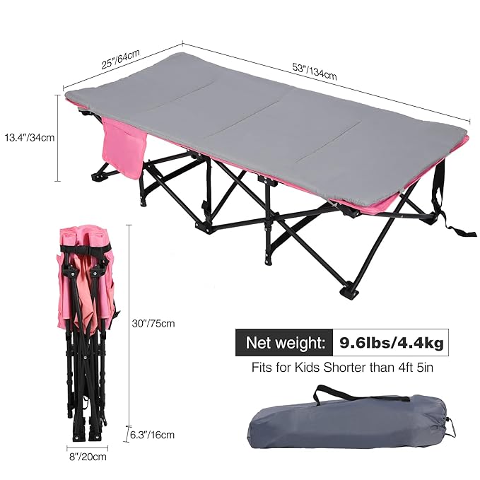REDCAMP Kids Foldable Camping Cot with Mattress Pad, 220 LBS Child Durable Sleeping Bed with Pocket and Carry Bag Portable for Home, Travelling, Pink