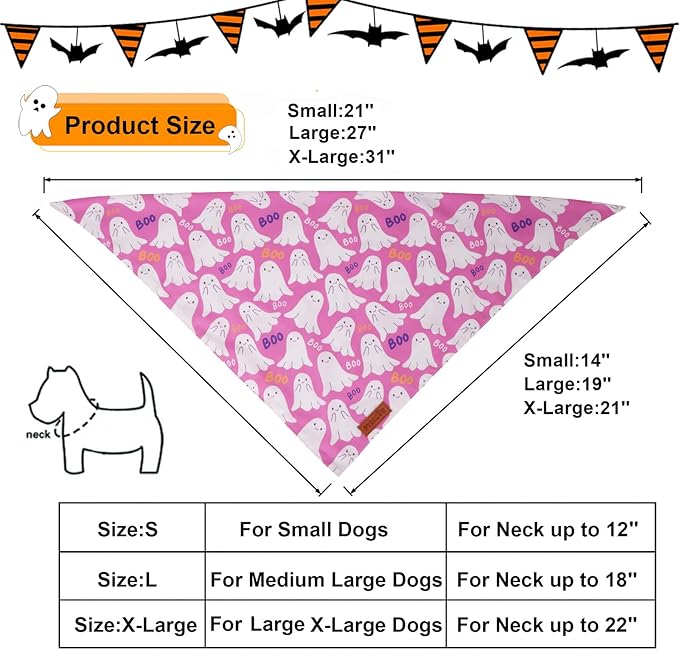 PTDECOR Halloween Dog Bandana, Cute Ghost Pumpkin Design Reversible Holiday Pet Scarf, Premium Durable Fabric, Adjustable Pink Black Halloween Bandanas for X-Large Dogs Pets(X-Large)