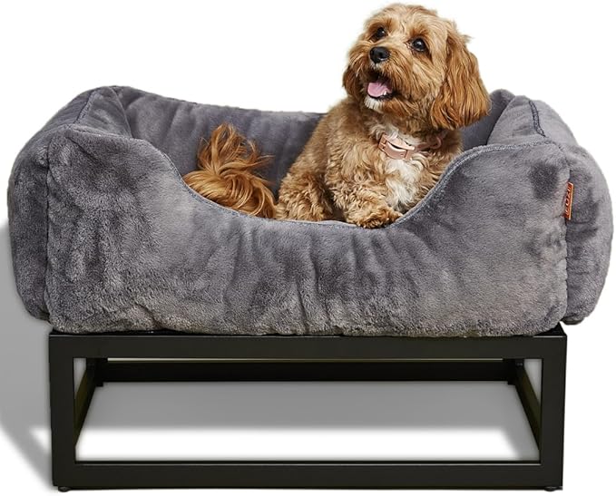FUZI Elevated Dog Bed Medium, Luxury Raised Dog Beds, Removable and Machine Washable Bed Cover, Indoor/Outdoor Orthopedic Pet Bed, Medium 31.75x23.6x18 Dark Grey & Black Base