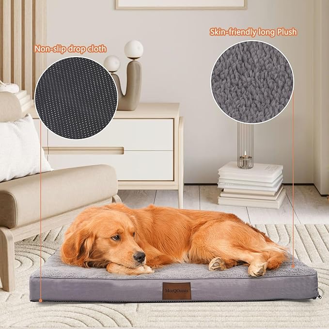 Waterproof Dog Beds for Large and Extra Large Dogs - Orthopedic Washable Crate Pad 44 inch, XL-Plus Egg Crate Foam Pet Bed Mat with Removable Cover, Anti-Slip Kennel Pad, 44''×32'', Grey