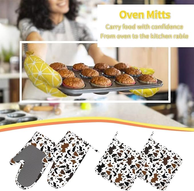 Cow Print Oven Mitts and Pot Holders with Apron Set of 5 Silicone Cowhide Brown Milk Cow Print Kitchen Mitts and Non-Slip Potholders Apron Set Heat Resistant Oven Gloves Hot Pads for Grilling