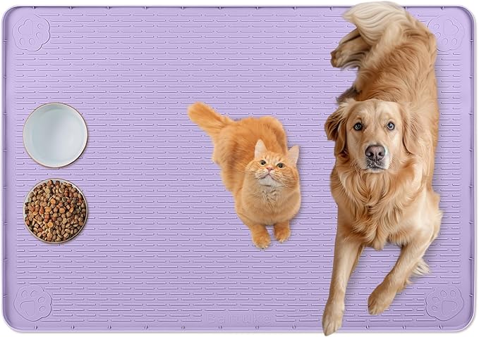 Bartuke Cat Food Mat, 34" x 22" Large Silicone Pet Feeding Mat for Food and Water Bowls Non-Slip, Easy to Clean (Purple)