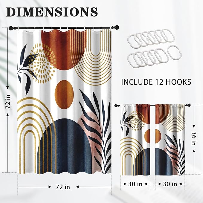Culudea Boho Geometric Leaf Shower Curtain Set, Mid Century Sun Bohemian Bathroom Window Waffle Textured Cloth Waterproof Shower Curtains for Bathroom Decor