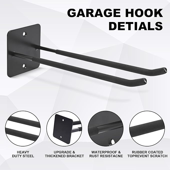 Heevir Large Garage Hooks Heavy Duty - 4 Pack 12.2" Long Garage Storage Utility Hooks, Wall Mount Ladder Hanger, Garage Organizer for Hanging Tool, Chairs, Hoses, Garden Tool, Bulk Items, Ropes, etc.