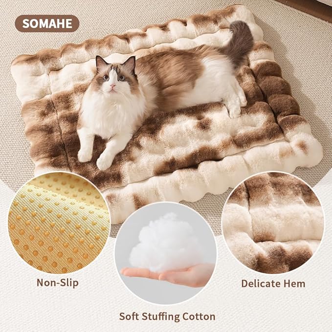 SOMAHE Cat Bed Ultra Soft Plush Machine Washable Pet Mat with Non-Slip Rubber Bottom for Indoor Cats & Dogs Faux Fur Cushion Pad for Floor Couch Carrier for Kittens & Puppies 23 x 15 Inch Medium Brown