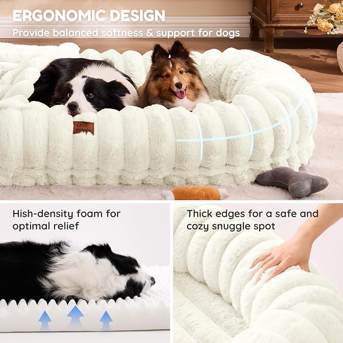 ChiXnuggle Human Dog Bed for Adult - Luxury Striped Faux Fur Giant Dog Bed with Portable Handle, Egg Orthopedic Foam Pad with Thick Blanket, 72"x40"x10", Cream