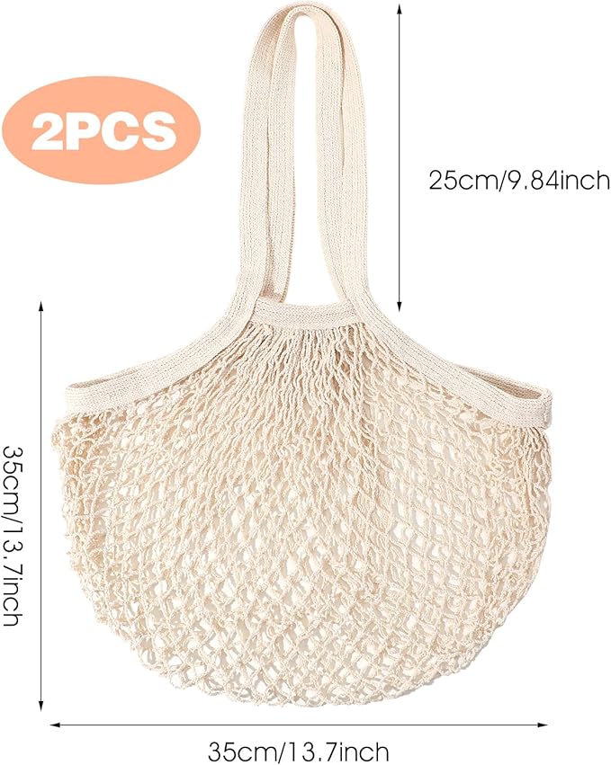 2 Pack Reusable Cotton Mesh Farmers Market Bag, Grocery Tote Net Shopping Bag, Washable Durable Portable Net String Produce Shopping Bags with Long Handle for Fruits, Vegetables, Shoppings (Beige)