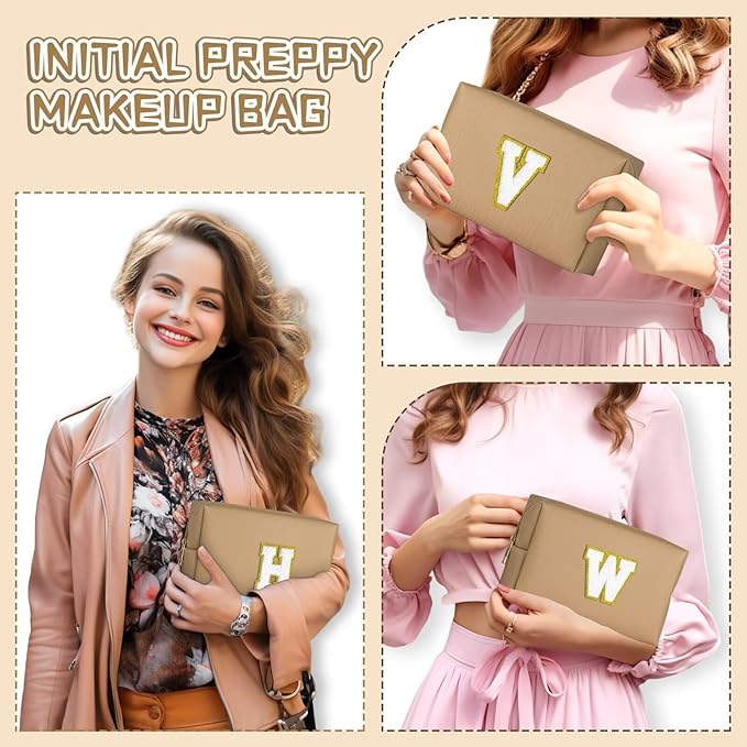 TOPEAST Gifts for Friends Female Mom, Cute Makeup Bag Small Pink Cosmetic Bag Travel Toiletry Bag, Personalized Birthday Gift for Women Girl, Preppy Travel Stuff for Girls (Khaki C)