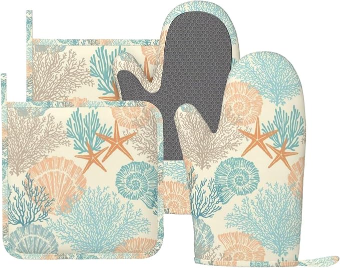 Nautical Coastal Oven Mitts and Pot Holders Set, 4pcs Silicone Starfish Seashell Coral Beach Themed Oven Glove for Kitchen Heat Resistant Oven Mitts and Non-Slip Potholders Orange Beige