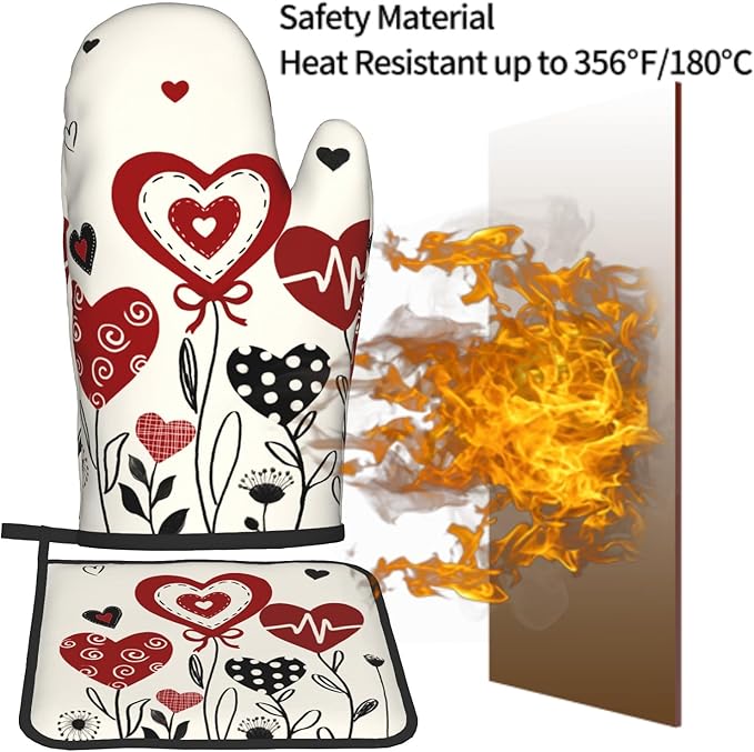 Black Red Love Hearts Oven Mitts and Pot Holders Sets 2Pcs Kitchen Accessories Multi-use Cooking Chef Oven Gloves Resistant Hot Pads for Women BBQ Cooking