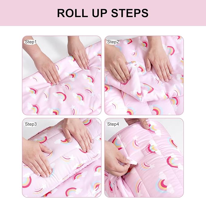 david's kids Toddler Nap Mat Set with Removable Pillow, Ultra Soft Slumber Bags for Girls，Perfect for Preschool, Daycare, Kids Sleeping Bags with Rollup Design, 50"x20", Rainbow