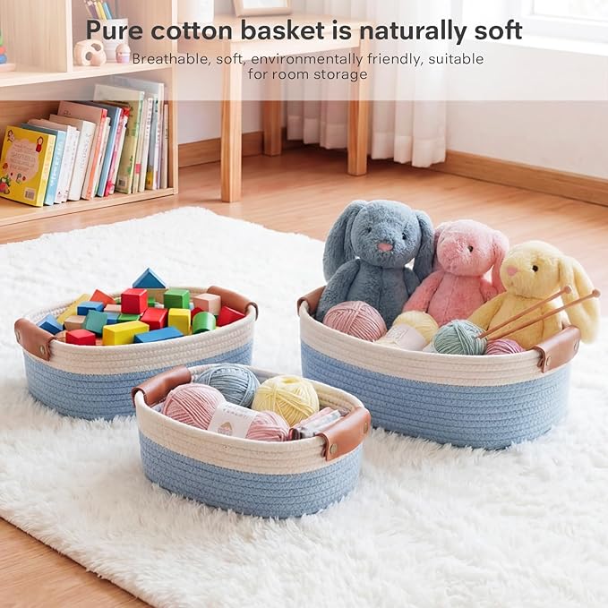 ECDYQXVU 5 Piece Storage Baskets Small Woven Basket with Detachable Leather Handle, Cotton Rope Shelf Baskets for Closet Organizers, Different Sizes Basket Decor, White Blue
