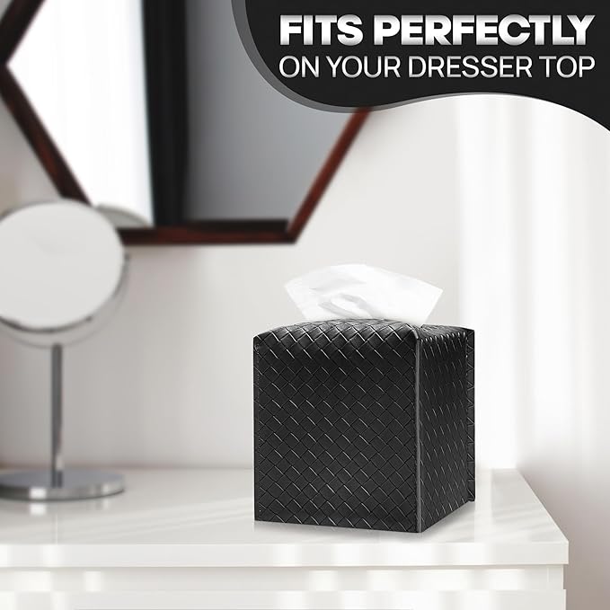Tissue Box Cover Holder, PU Leather Tissue Box Cover with Braided Pattern, Square Tissue Holder with Bottom Belt, Modern Organizer for Bathroom, Car, Office, Tabletop(Black., 12 Braided Patterns)