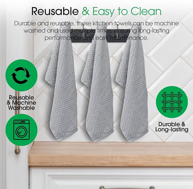 DG Collections Ash Grey Kitchen Towels - 100% Cotton Terry Tea Towels for Cleaning, Drying, and Highly Absorbent Kitchen Dish Cloth for Bar Cleaning - 8 Pack - 15 x 25 Inches