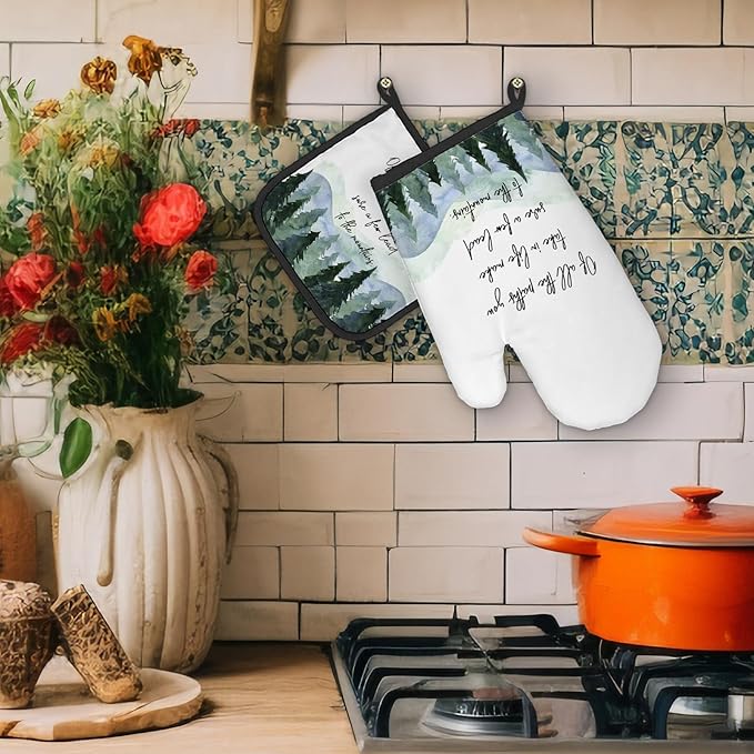 Rustic Mountain Cabin Decor Oven Mitts and Pot Holders Sets, Forest Camper Gifts Kitchen Accessories Sets, of All The Paths You Take in Life Heat Resistant Oven Glove Potholders for Kitchen