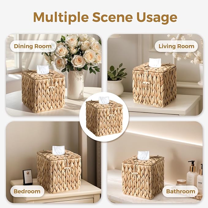 KALEKAIL Rattan Tissue Box Cover with Lid, Wicker Tissue Box Holder Square, Boho Decorative Woven Water Hyacinth Cube Tissue Holders for Bathroom