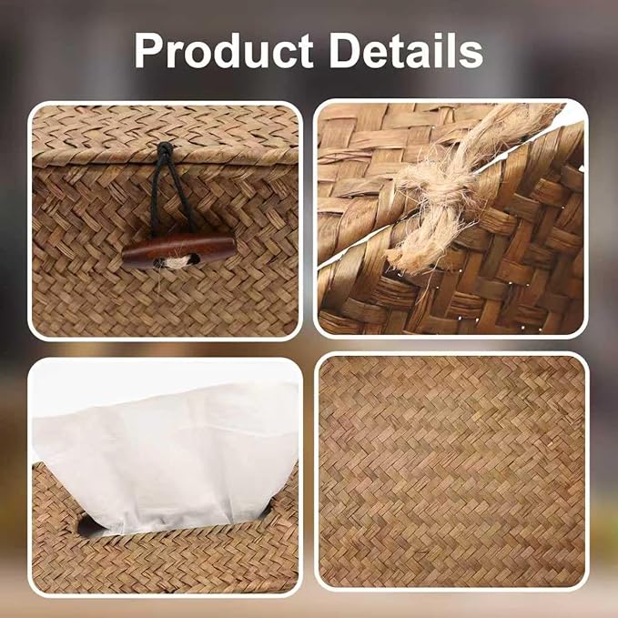 Shonmogar Country Rustic Seagrass & Metal Rectangle Tissue Box Cover, Woven Tissue Box Holder with Lid, Wicker Tissue Holder for Bathroom Toilet Living Room Bedroom Table Desk Home Office Car, Coffee