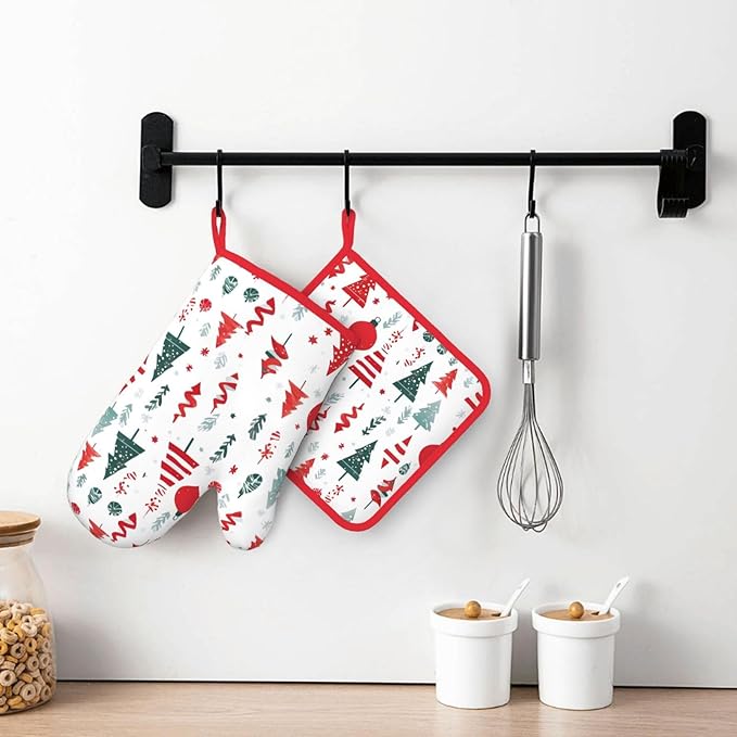 Oven Mitts and Potholders Merry Christmas Tree Silicone Glove Heat Resistant, Kitchen Gloves for Cooking, 2-Piece Set
