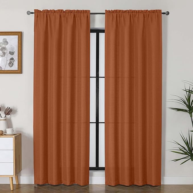 Lecloud Bessie Orange Curtains for Living Room 84 Inches Long 2 Panels, Airy Privacy Light Filtering Curtain Drapes, Faux Linen Textured Rod Pocket Curtains for Bedroom Dining Room, Each 40 W x 84 L