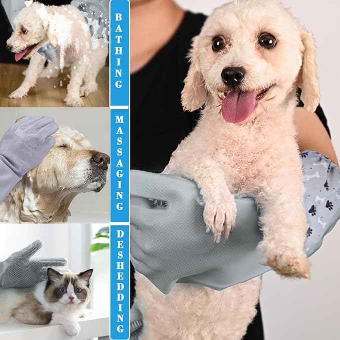 GALYNA Dog Washing Gloves, Pet Grooming Gloves with Soft Brushes, Bathing and Massaging for Dogs and Cats, Silicone Heat Resistant Cleaning Gloves with High-Density Teeth (Gray)