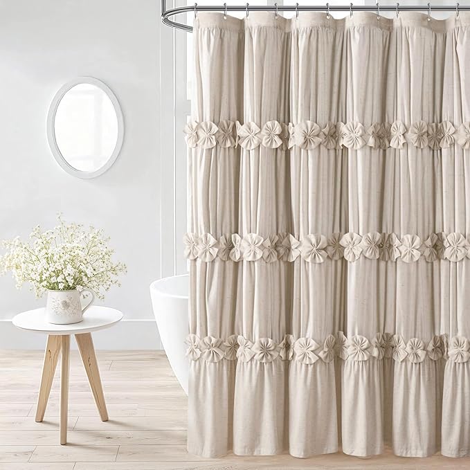 XOGUIBO Ruffle Shower Curtain with Handmade Bow Tie, Beige Linen Vintage Farmhouse Shower Curtain for Bathroom, 72" W x 72" H
