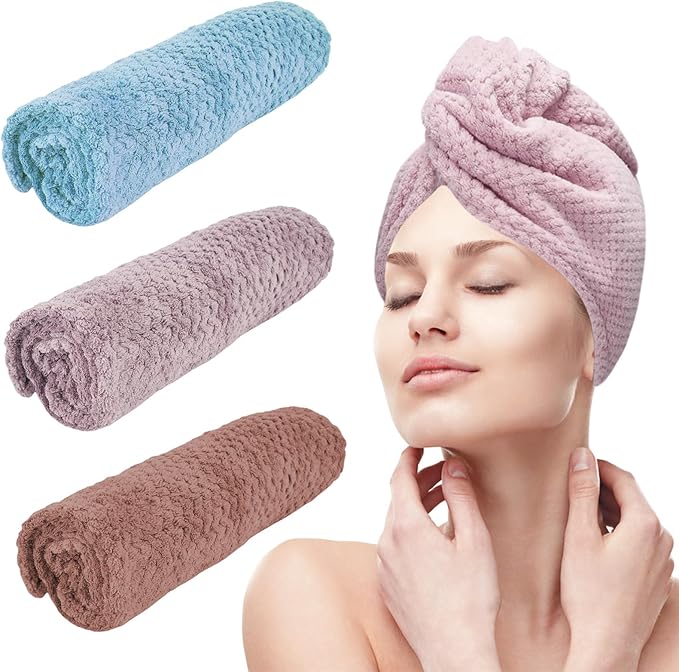 YHPDYL 3 Pack Microfiber Hair Towel Wrap for Women, Fast Drying Hair Turban with Button, Anti-Frizz Large Hair Towel for All Hair Styles, Soft & Absorbent Hair Drying Towel (Purple, Bule, Brown)