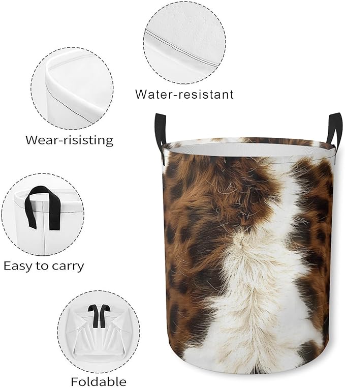Laundry Basket Brown Cow Print Collapsible Laundry Hamper with Handles Clothes Storage Bin for Household Bedroom Bathroom College Dorms