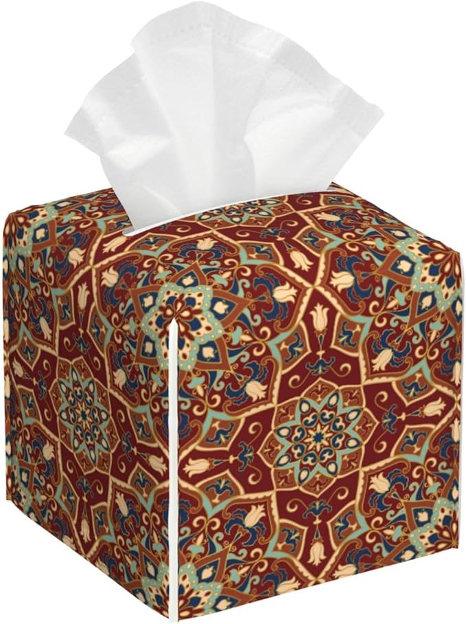PVC Tissue Box Cover Holder,Mandala Square Decorative Organizer,5.2"X5.2"X5.2"Tissue Case for Bathroom,Tabletop,Car,Office