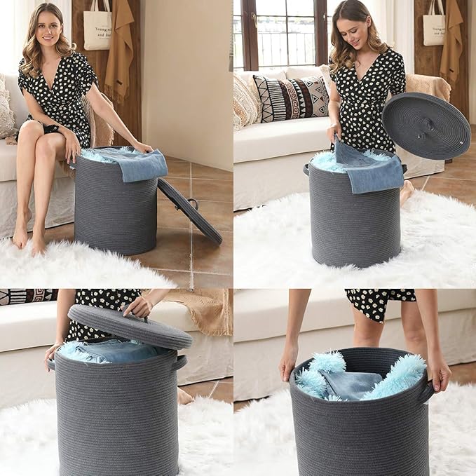 Cottonphant 16" x 16" x 18" Extra Large Storage Basket with Lid, Cotton Rope Storage Baskets, Laundry Hamper, Cloth Bin, for Clothes Towels Blankets Pillows Storage in Living Room, All Dark Grey