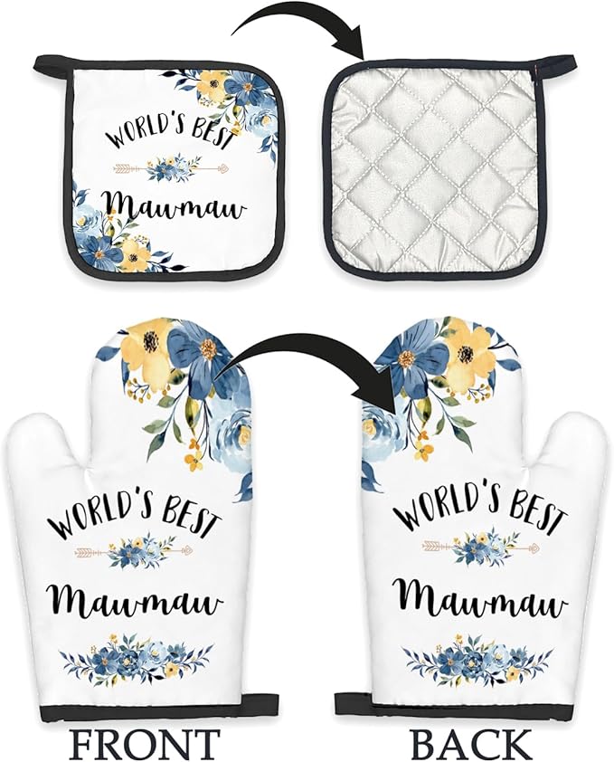Mawmaw Gifts Oven Mitts and Pot Holders Sets, Gifts for Mawmaw from Grandkids Kitchen Decor Accessories Sets, World’s Best Mawmaw Heat Resistant Oven Glove Potholders for Kitchen Cooking