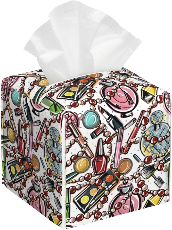 BLYKVGHQ Scattered Cosmetics Tissue Box Cover Square, Perfume and Lipstick Tissue Box Holder with Bottom Belt Leather Facial Paper Organizer Dispenser for Bathroom Bedroom Dresser Night Stand Tabletop