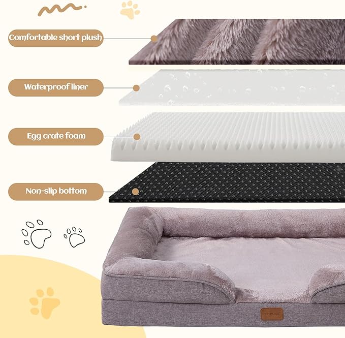 OUPEIWAWA Extra Large Dog Bed Orthopedic with Bolster Sides Removable Egg-Crate Foam Waterproof Liner Pet Bed Sofa Couch with Removable Washable Cover Non-Slip Bottom, Beige