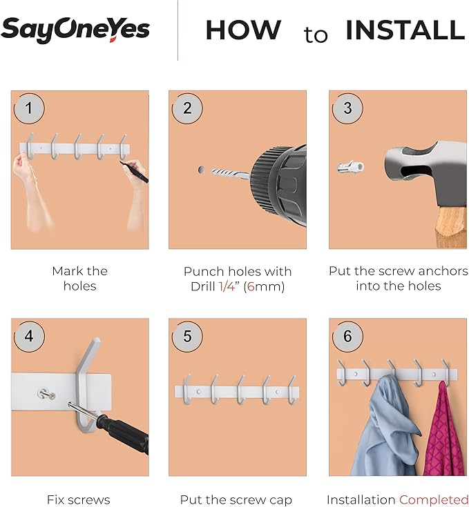 SAYONEYES White Coat Rack Wall Mount – 15 Inch Stainless Steel Hook Rail with 5 Heavy Duty Double Coat Hooks – Wall Mounted Coat Hanger for Entryway, Bathroom, Bedroom, Towel, Hat Organizer