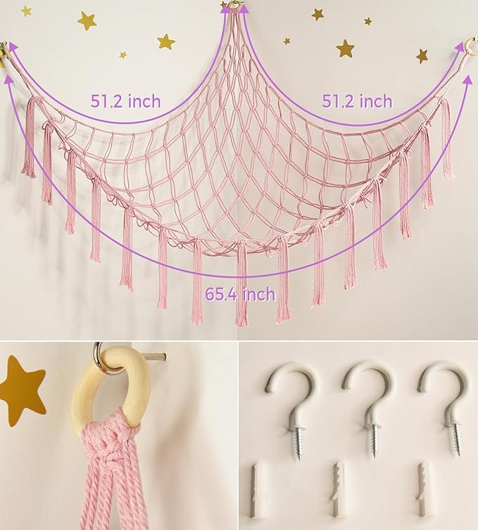 mirolam Stuffed Animal Storage Hammock Net - Toy Hammock Net for Stuffed Animals Corner - Hanging Stuff Animal Organizer Holder Large Pink Baby Nursery Room Decor