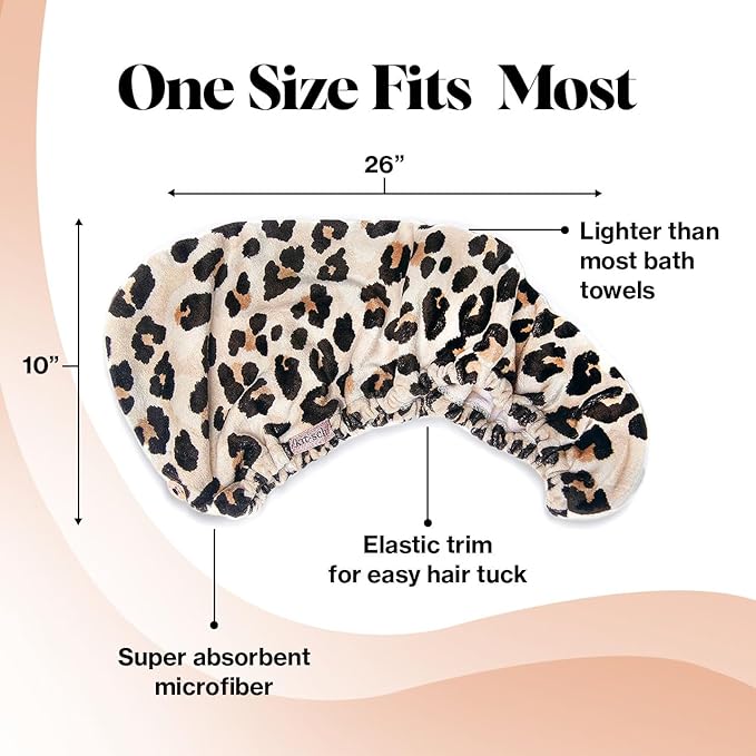 Kitsch Microfiber Hair Towel Wrap for Women - Microfiber Towel, Super Absorbent, Quick Dry, Anti-Frizz - for Long and Short Hairs, Turbans for Women, Hair Wrap - Leopard