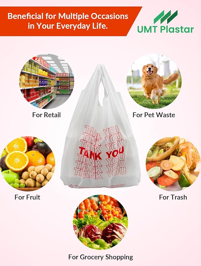 UMT Plastar 1000 Count Thank You Plastic T-Shirt Bags with Handles, 10.5" x 5.5" x 17.5" (1/8 Size), 14 Mic, Black – Ideal for Grocery, Retail, Takeout, and Desk Trash Use